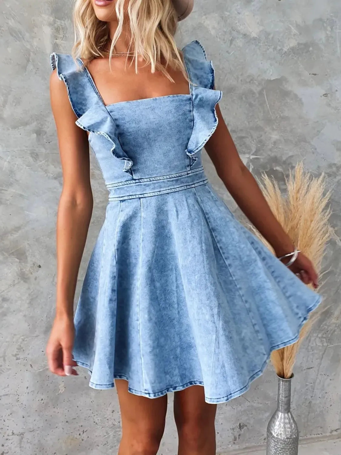 Ruffled Square Neck Denim Mini Dress