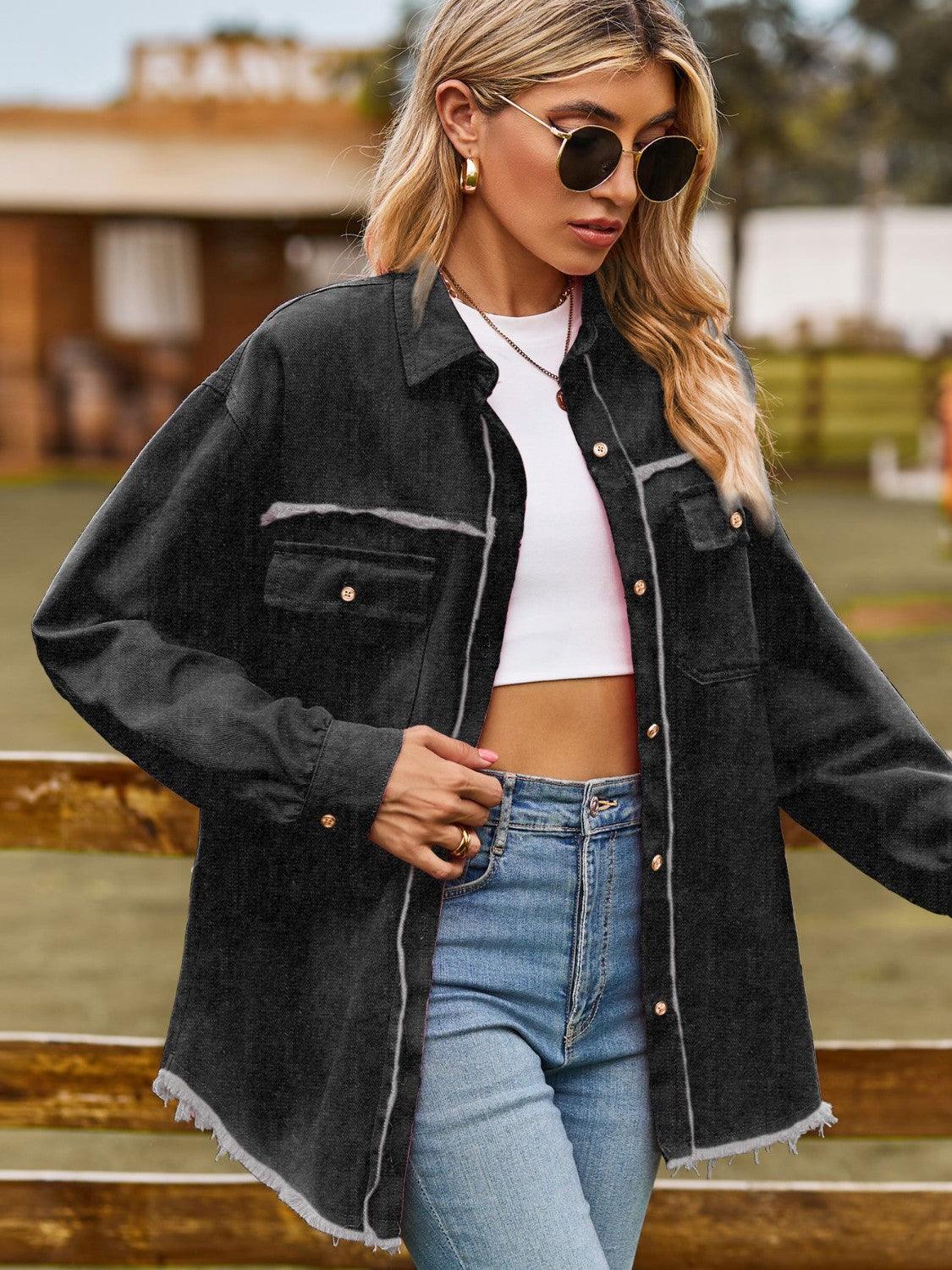 Button Up Collared Neck Raw Hem Denim Top Carauana Store