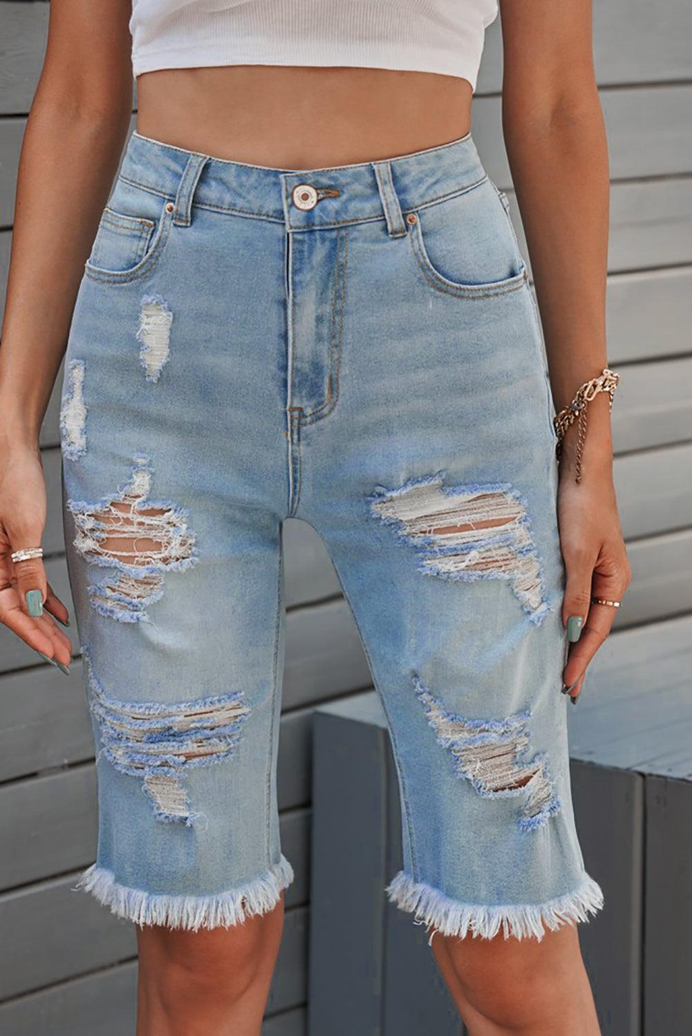 Distressed Raw Hem Denim Bermuda Shorts Carauana Store