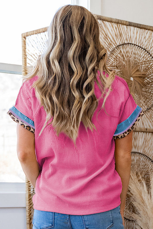 Bonbon Leopard Patchwork Corded Knit Crew Neck T Shirt