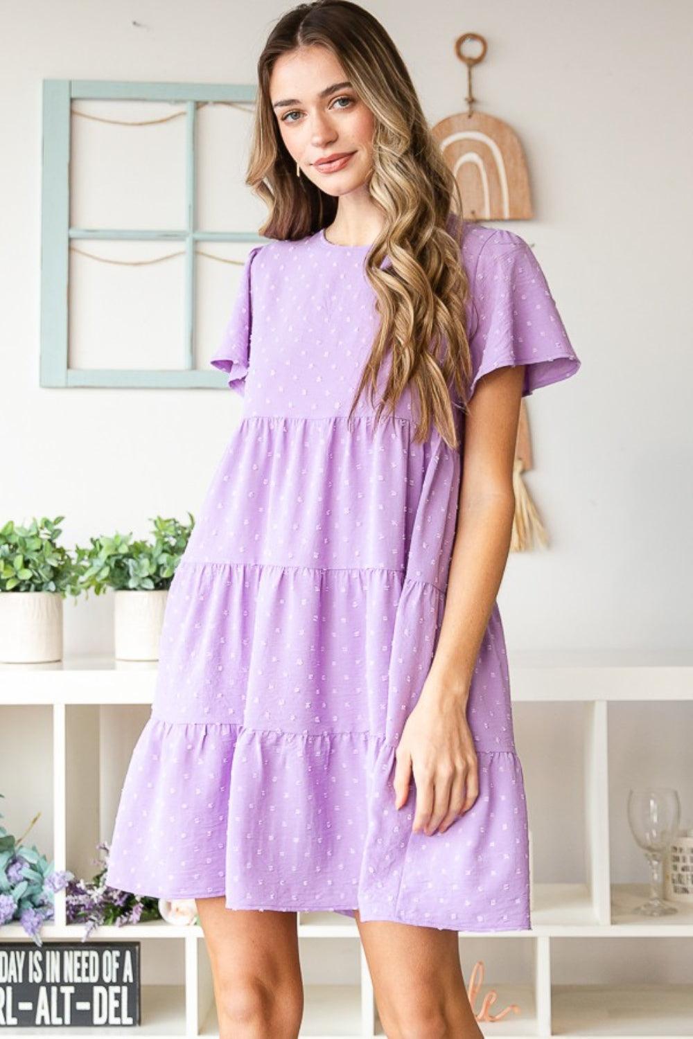 Heimish Full Size Swiss Dot Short Sleeve Tiered Dress Carauana Store