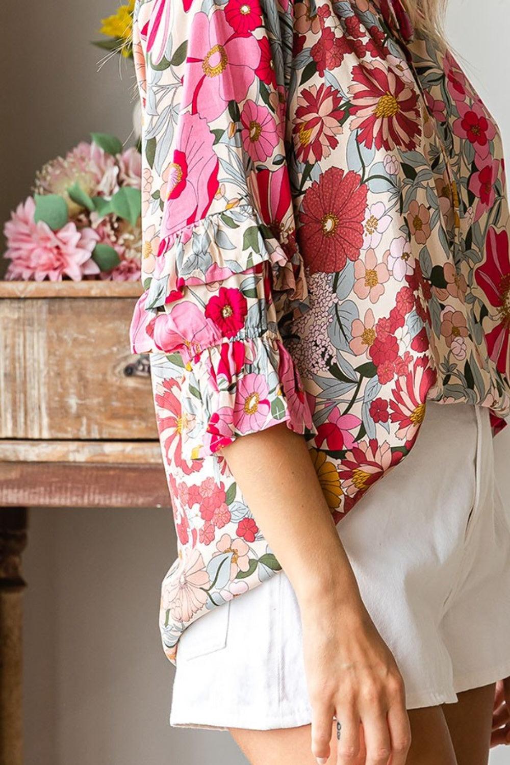 First Love Printed Tie Neck Flounce Sleeve Blouse Carauana Store