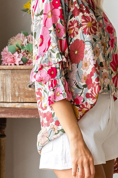 First Love Printed Tie Neck Flounce Sleeve Blouse Carauana Store