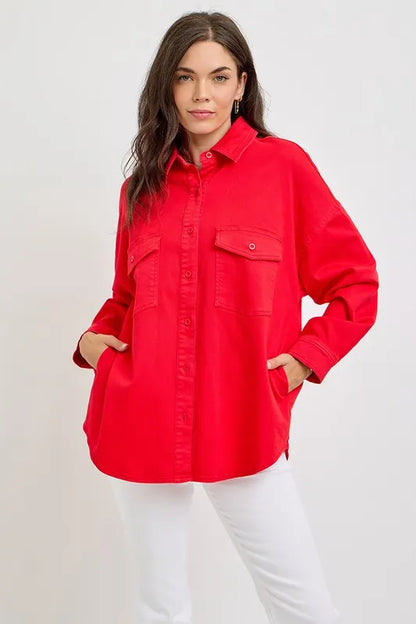 RISEN Button Down Long Sleeve Denim Shacket with Chest Pockets Carauana Store