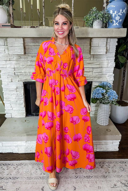 Orange Floral Print Frilly Smocked V Neck 3/4 Sleeve Long Dress
