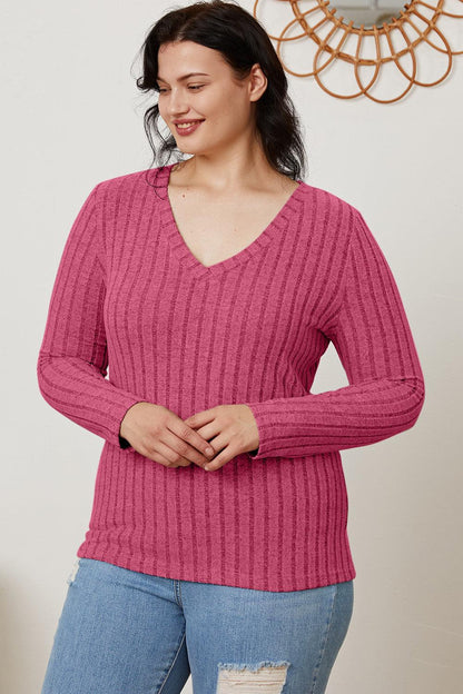 Basic Bae Full Size Ribbed V-Neck Long Sleeve T-Shirt Carauana Store