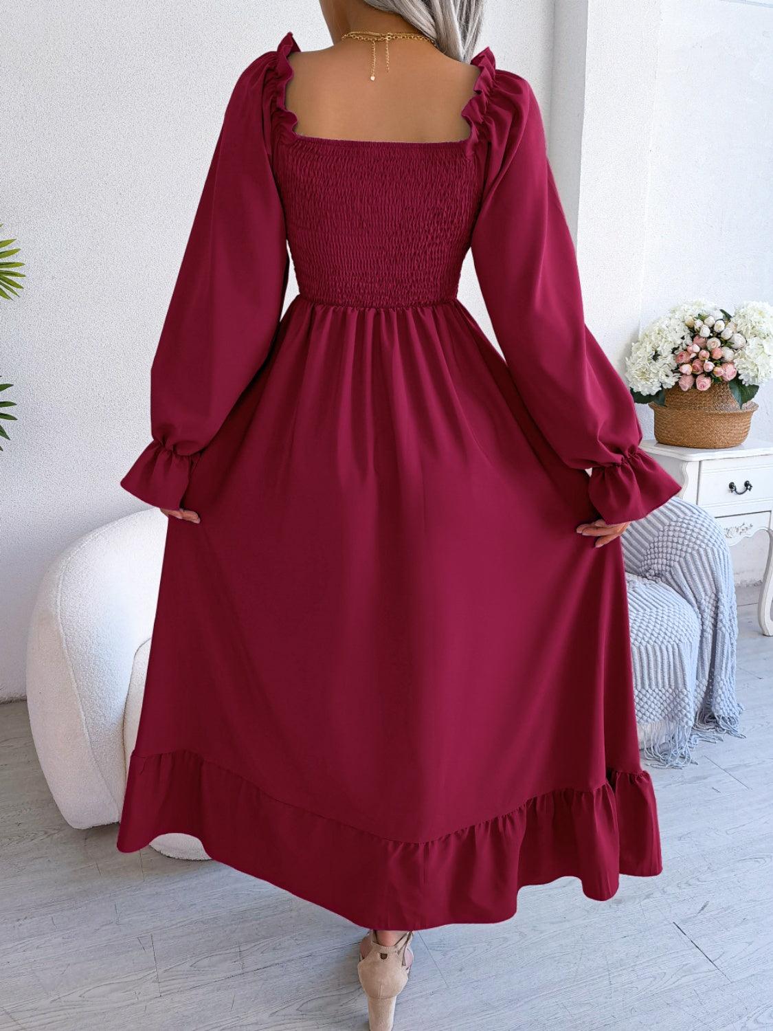 Smocked Square Neck Flounce Sleeve Dress Carauana Store