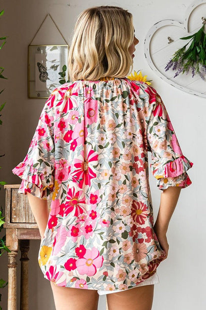 First Love Printed Tie Neck Flounce Sleeve Blouse Carauana Store