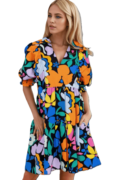 Printed Johnny Collar Half Sleeve Mini Dress Carauana Store